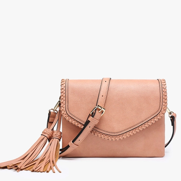 Apricot Coral Flapover Crossbody with Whipstitch and Tassel - Picture 1 of 3